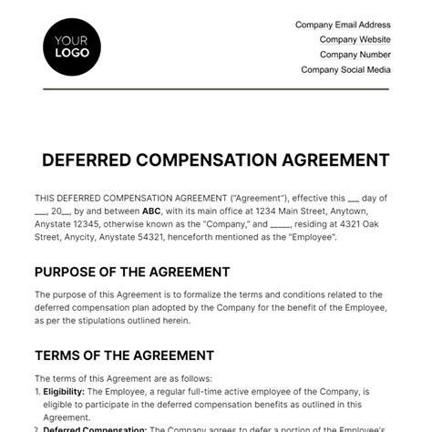 Free Deferred Compensation Agreement HR Template Edit Online