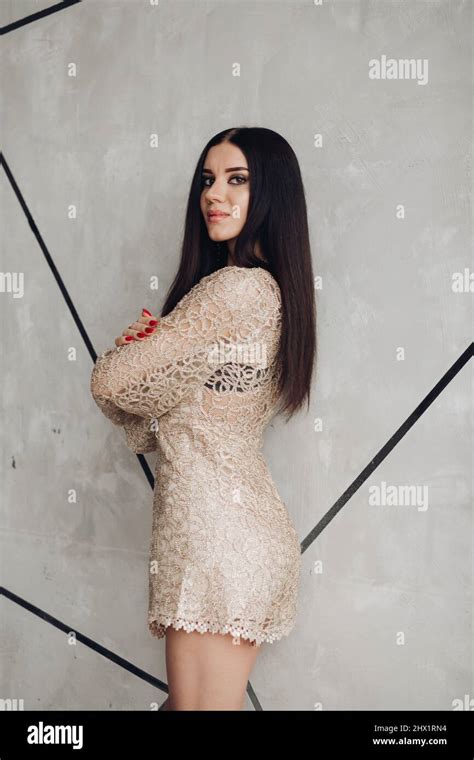 Gorgeous Brunette In Laced Dress With Make Up Stock Photo Alamy