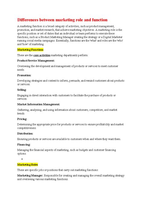 Differences Between Marketing Roles & Functions Explained - Studocu