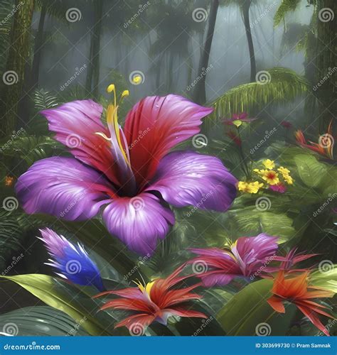 Tropical Rainforests With Colorful Flowers In The Morning. AI-Generated