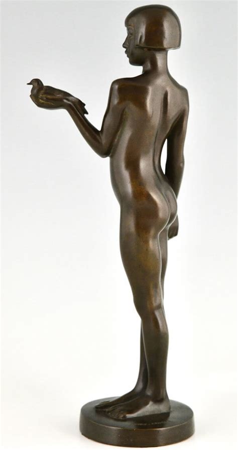 Art Deco Bronze Sculpture Nude Girl With Dove Deconamic