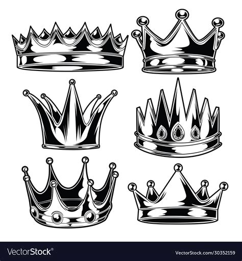 Crown king and queen set black white Royalty Free Vector