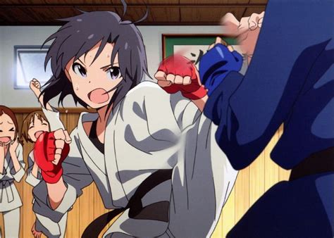 An Anime Scene With Two Women In Kimonos And One Man Holding A Boxing Glove