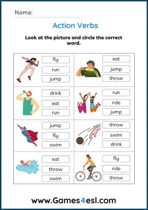 Free Action Verb Worksheets | Games4esl