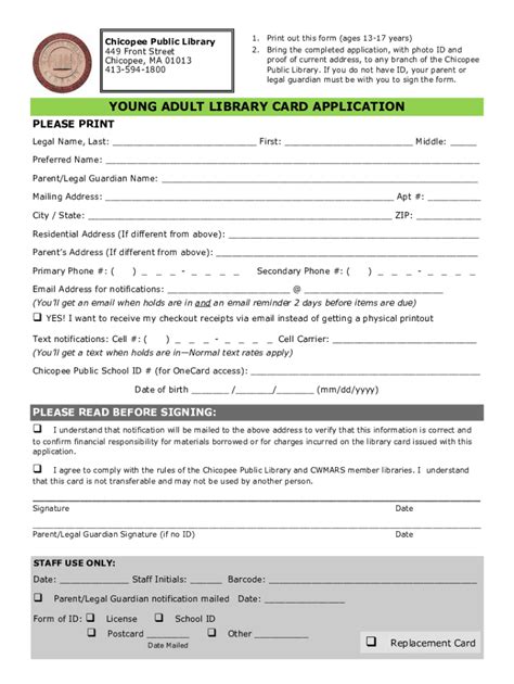 Fillable Online Chicopee Public Library ADULT LIBRARY CARD Fax