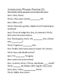 Spanish A Introductory Conversational Phrases Practice Worksheets By