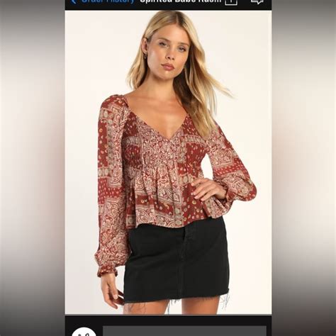 Tops Spirited Babe Rust Red Paisley Print Balloon Sleeve Peplum Top Poshmark