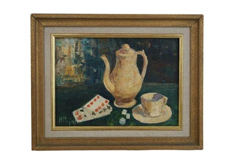 Still Life Oil Painting With Coffee Pot Cup And Saucer And Playing