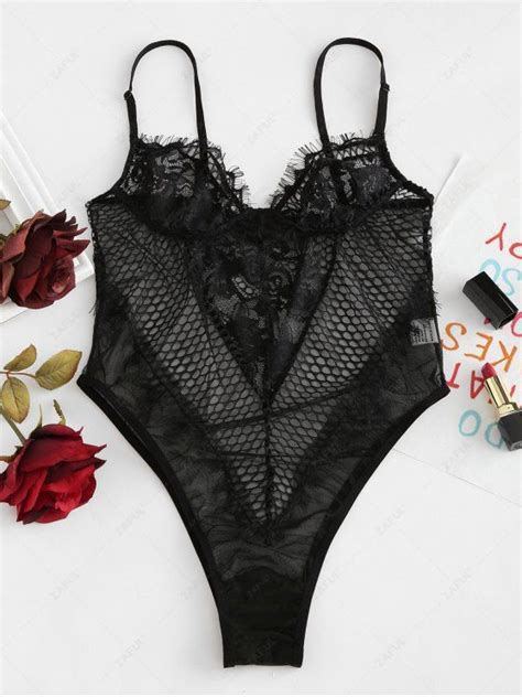 [23 Off] 2021 Snap Crotch Sheer Lace Teddy Lingerie Bodysuit In Black