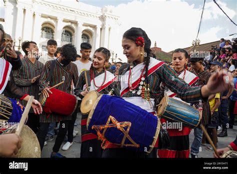 kathmandu nepal  sep  girls  traditional attire play