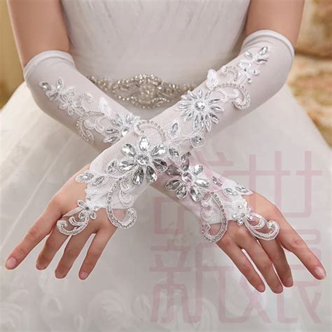 Elegant Gorgeous Ivory Elbow Length Lace Crystal Fingerless Appliqued