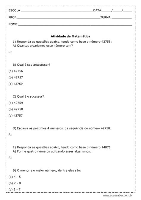 Atividades Com Numeros Naturais 4 Ano Spearedu