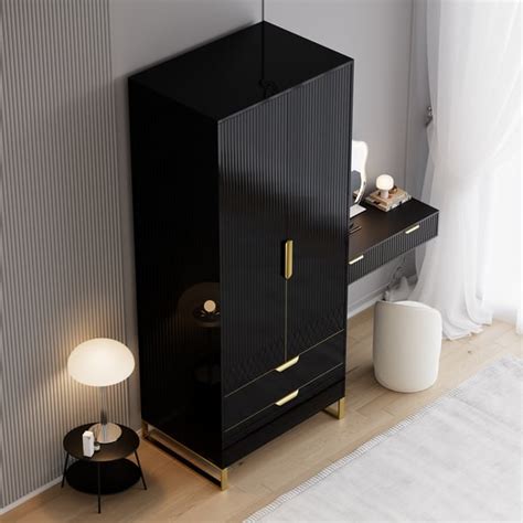 Aro Modern Black Tall Wardrobe with Storage Bedroom Clothing Armoire ...