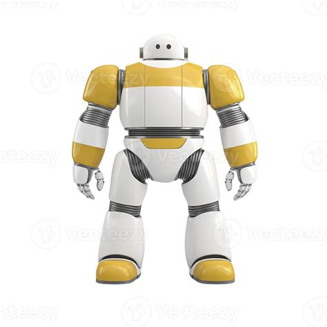 friendly, humanoid robot with white and yellow design stands upright