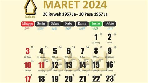 Kalender Jawa Maret Lengkap Dengan Weton Dan Libur Nasional