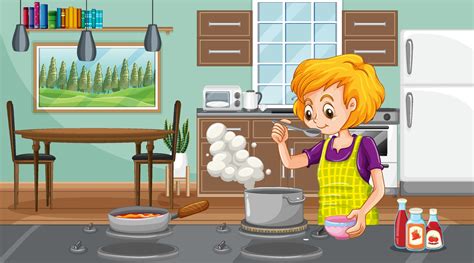 Woman Cooking In Kitchen Cartoon