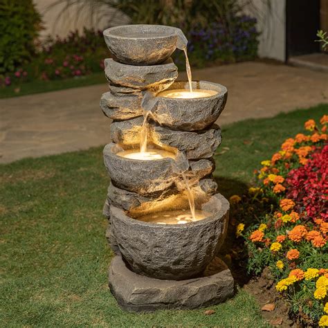 Glitzhome GH11246 4-Tier Polyresin LED Lights Outdoor Water Fountain ...