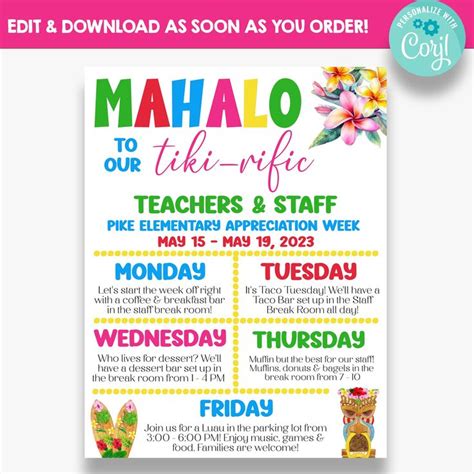 EDITABLE Luau Themed Teacher Appreciation Week Itinerary Mahalo To Our