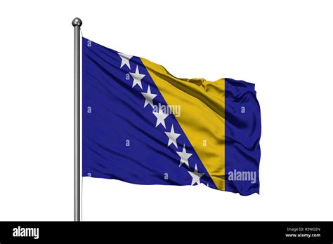 Flag Of Bosnia Herzegovina Waving In The Wind Isolated White