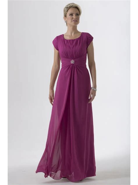 Purple Chiffon Long Modest Bridesmaid Dresses With Short Sleeves Pleats