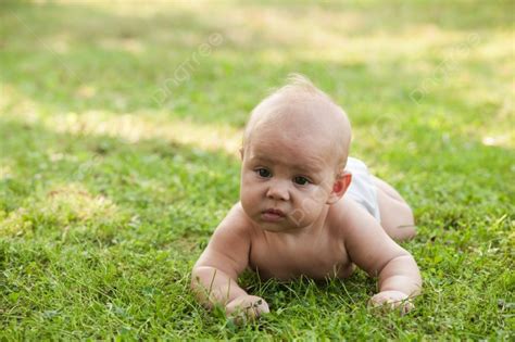 Menino Nu Vestindo Uma Fralda Aprendendo A Engatinhar Na Grama Verde