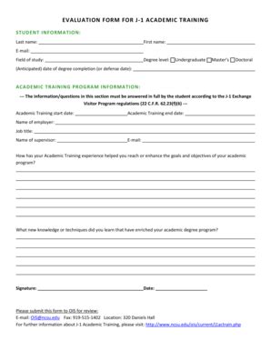 Fillable Online Ncsu EVALUATION FORM FOR J 1 ACADEMIC TRAINING Ncsu