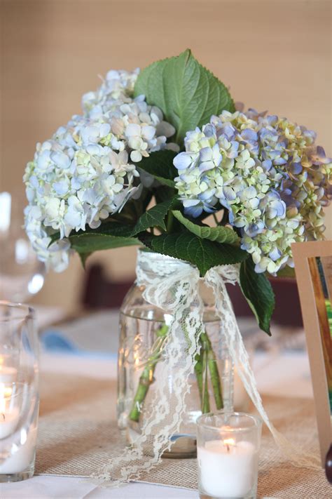 Blue Hydrangea With Lace In Mason Jar Designed By Judy Johnston Of