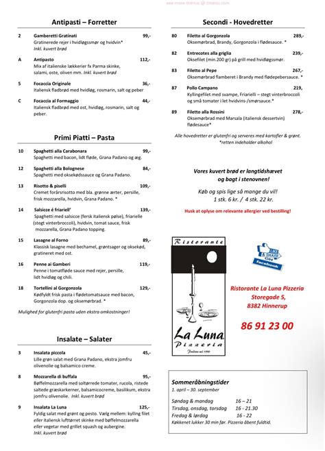 Menu at La luna italian restaurant & pizzeria, Ormiston