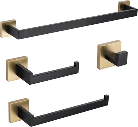 Turs 4 Piece Bathroom Hardware Set Black And Brushed Gold Towel Bar Set Hand Towel