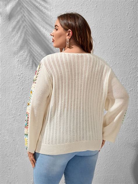 Shein Lune Plus Floral Crochet Pointelle Knit Sweater Shein Usa