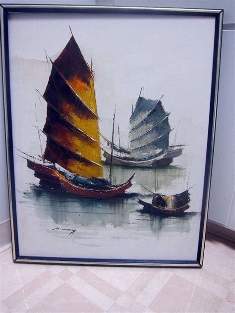 Framed P Wong Vintage Chinese Junk Boats Painting Signed 29 X 23 Oil