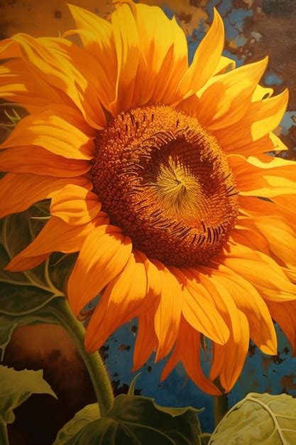 Premium Photo Painting Of A Sunflower With A Blue Background And A