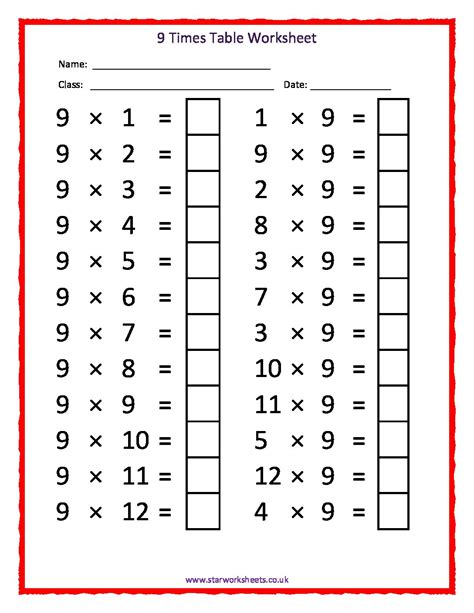 9 Times Tables Worksheet Star Worksheets