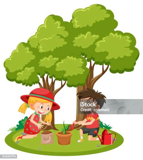 anakanak menanam  pot tanah liat ilustrasi stok  gambar