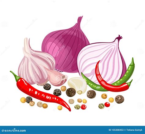 Pile Of Spicy Spices Red Onion Garlic And Chili Pepper Stock Vector