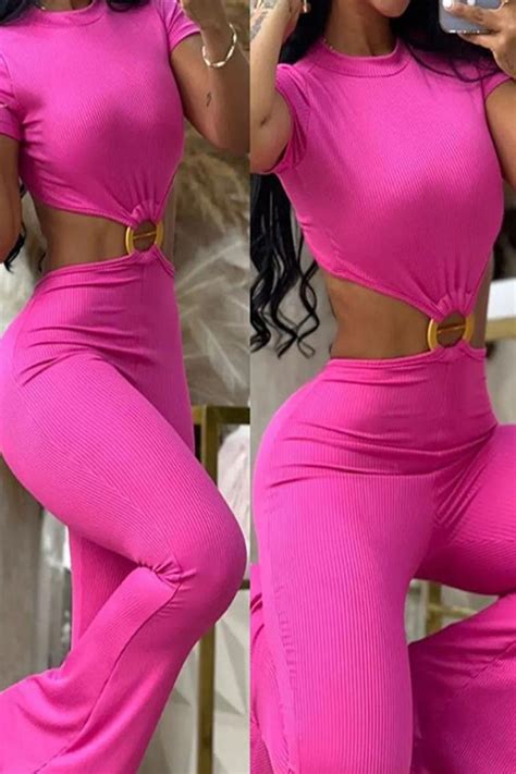 Wholesale Rose Red Sexy Solid Patchwork Metal Accessories Decoration O Neck Skinny Jumpsuits