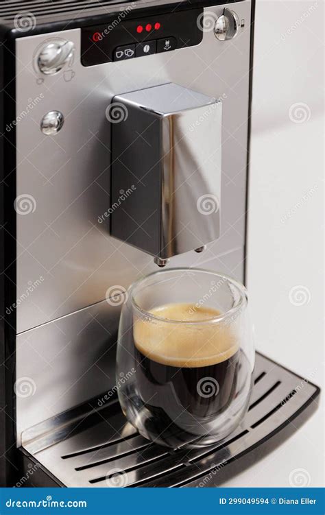 Modern Coffee Machine With Double Sided Glass Cup Of Espresso Stock