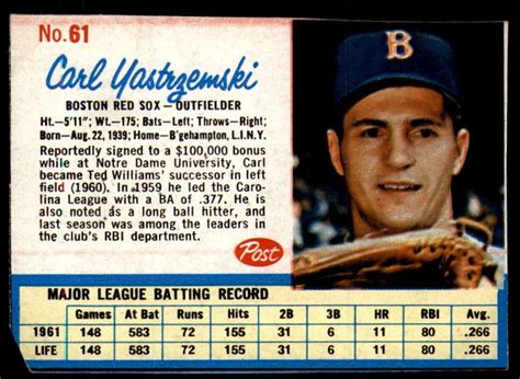 Baseball Mlb 1962 Cereal 61 Carl Yastrzemski Vg Very Good