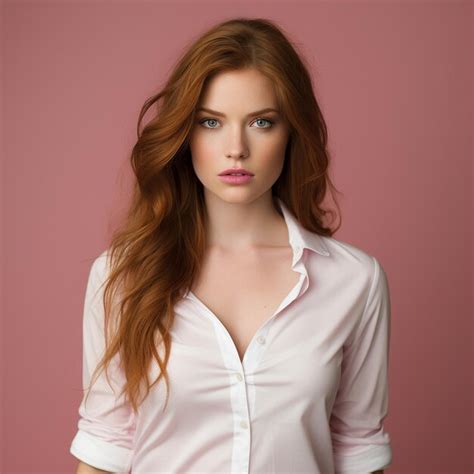 Premium Ai Image Beautiful Long Red Hair Woman Pink Background