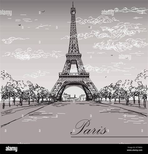 Landscape with Eiffel tower in black and white colors on grey ...