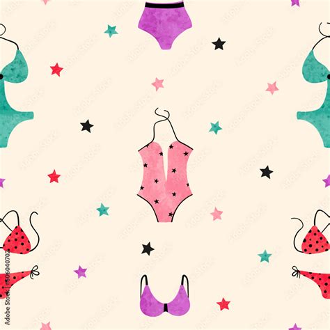 Seamless Pattern With Colorful Woman Beach Clothes Cartoon Watercolor Swimsuit Bikini