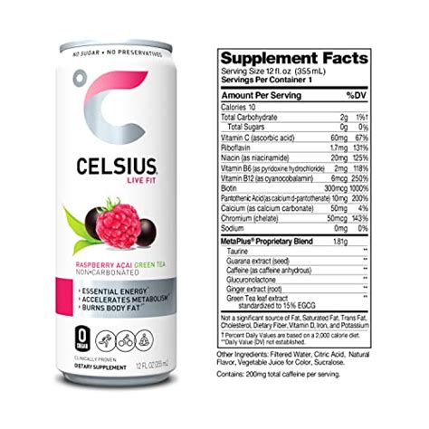 CELSIUS Raspberry Acai Green Tea Functional Essential Energy Drink 12