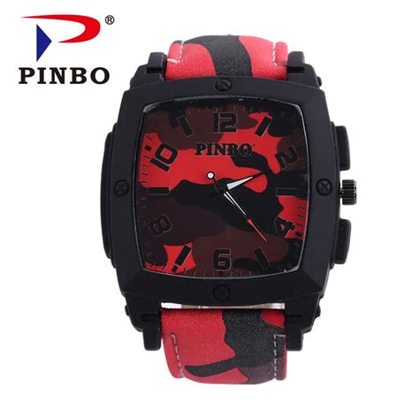 New Pinbo Brand Men Army Casual Quartz Watch Men Camouflage Leather