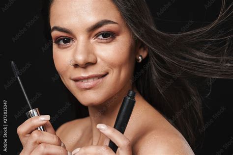 Beautiful Naked Woman Posing Isolated Over Black Wall Background Holding Mascara Apply Makeup
