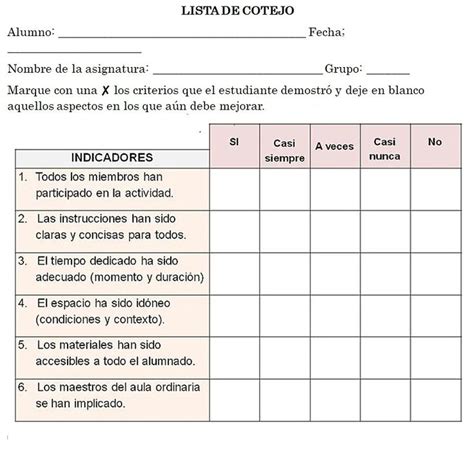 LISTAS DE COTEJO PARA EVALUAR TRABAJO EN EQUIPO Lista De Cotejo