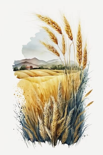 A Watercolor Painting Of Wheat Field With A Mountain In The Background