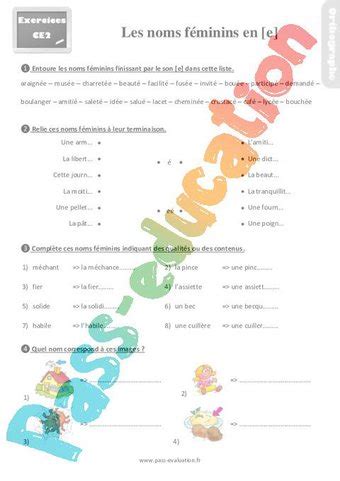 Evaluation Avec Le Corrig Pour Les Noms F Minins En E Et Te Ce