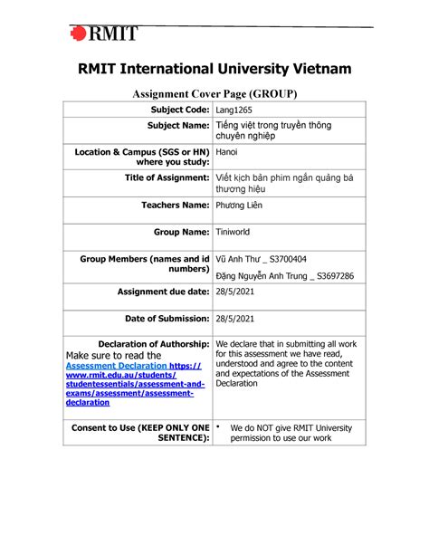 Rmit Vn Cover Sheet Group Work Rmit International University Vietnam