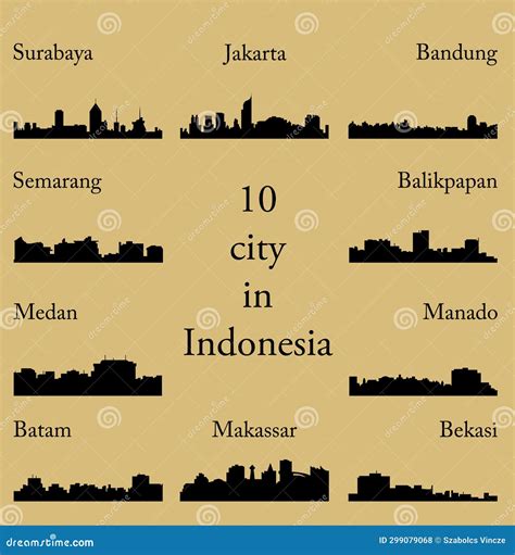 Set Of 10 City Silhouette In Indonesia Jakarta Semarang Bandung