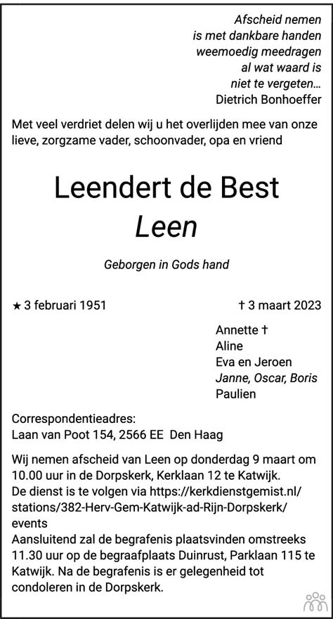 Leendert Leen De Best Overlijdensbericht En Condoleances